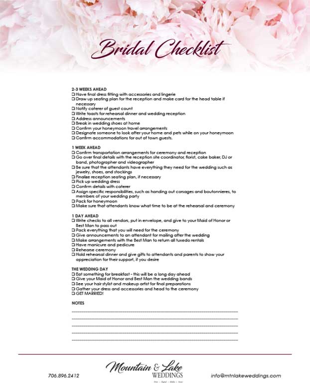 Bridal Checklist - Mountain Lake Weddings