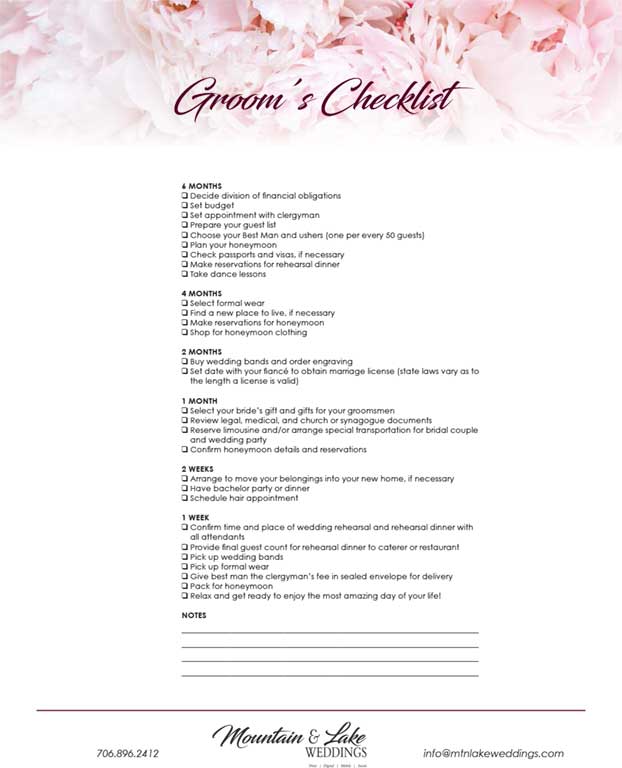 Groom's Checklist - Mountain Lake Weddings