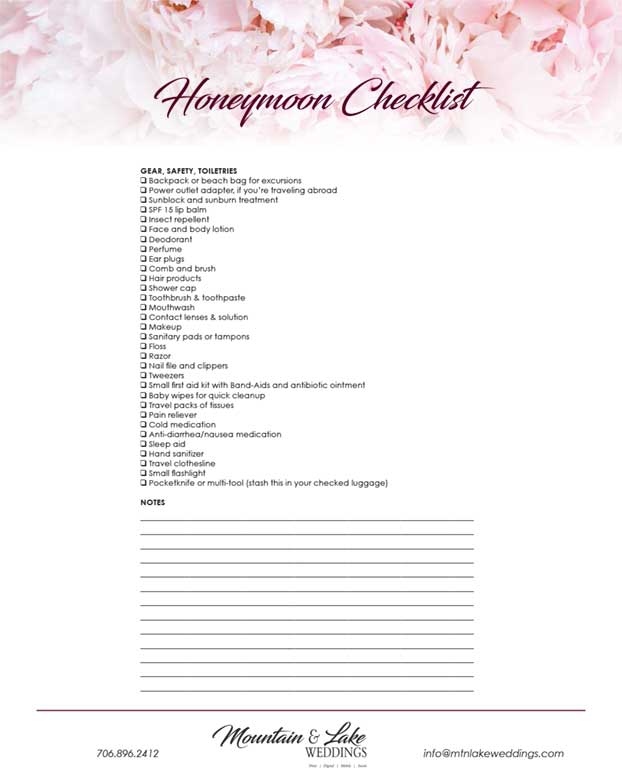 Honeymoon Checklist - Mountain Lake Weddings
