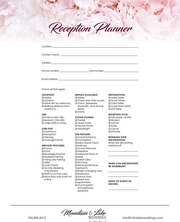 Wedding Reception Planner - Mountain Lake Weddings